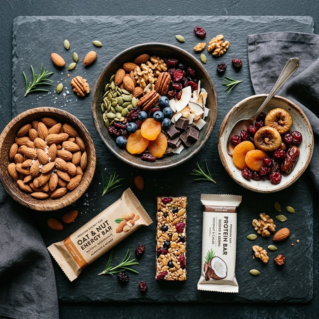 Premium healthy snacks and ingredients arrangement